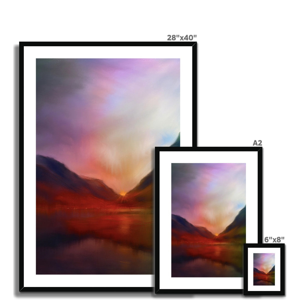 28x40 Framed Glencoe Sunset Abstract Landscape Print in Purple Orange Hues Black Frame