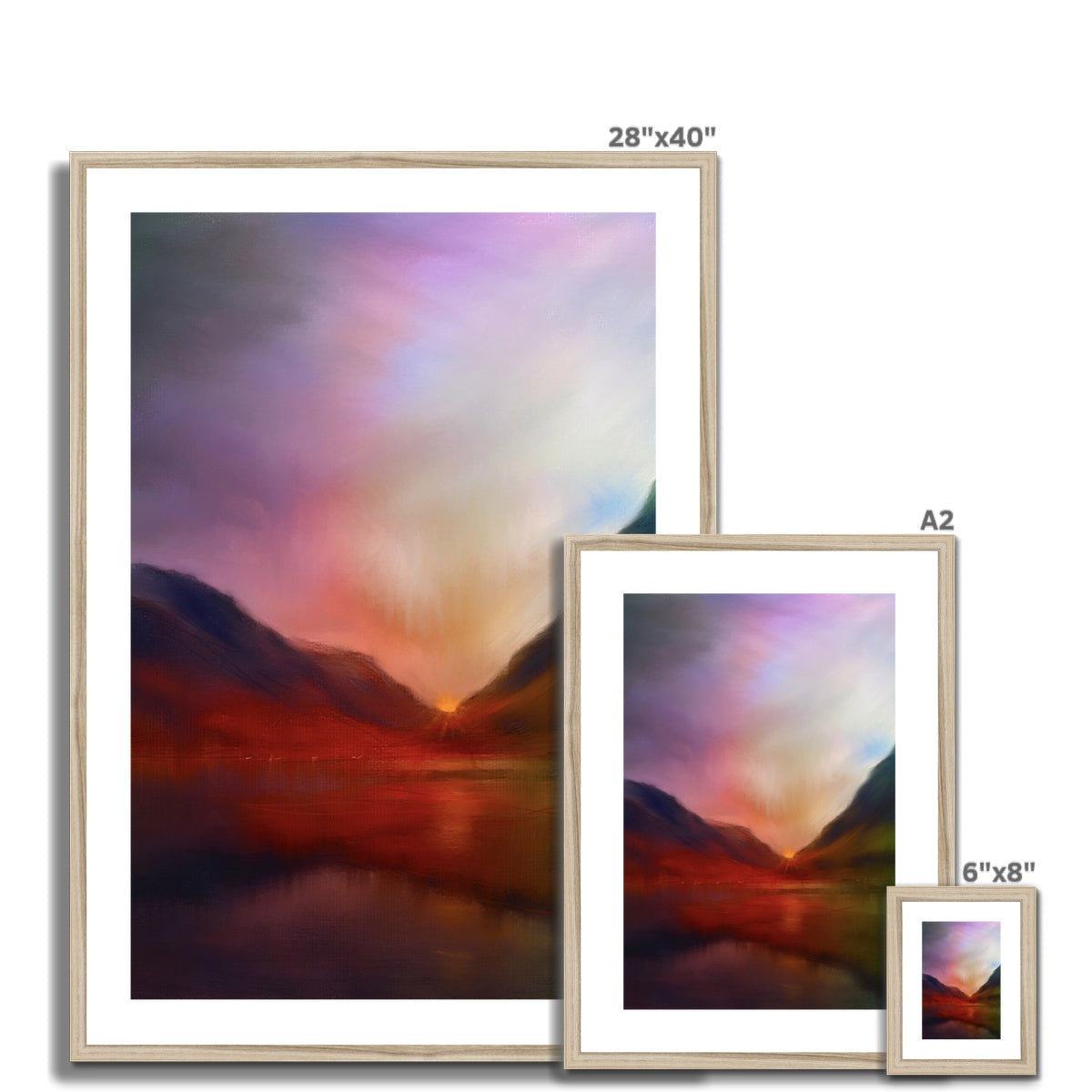 Glencoe Sunset 28x40 inch framed landscape painting in purple pink hues gold frame