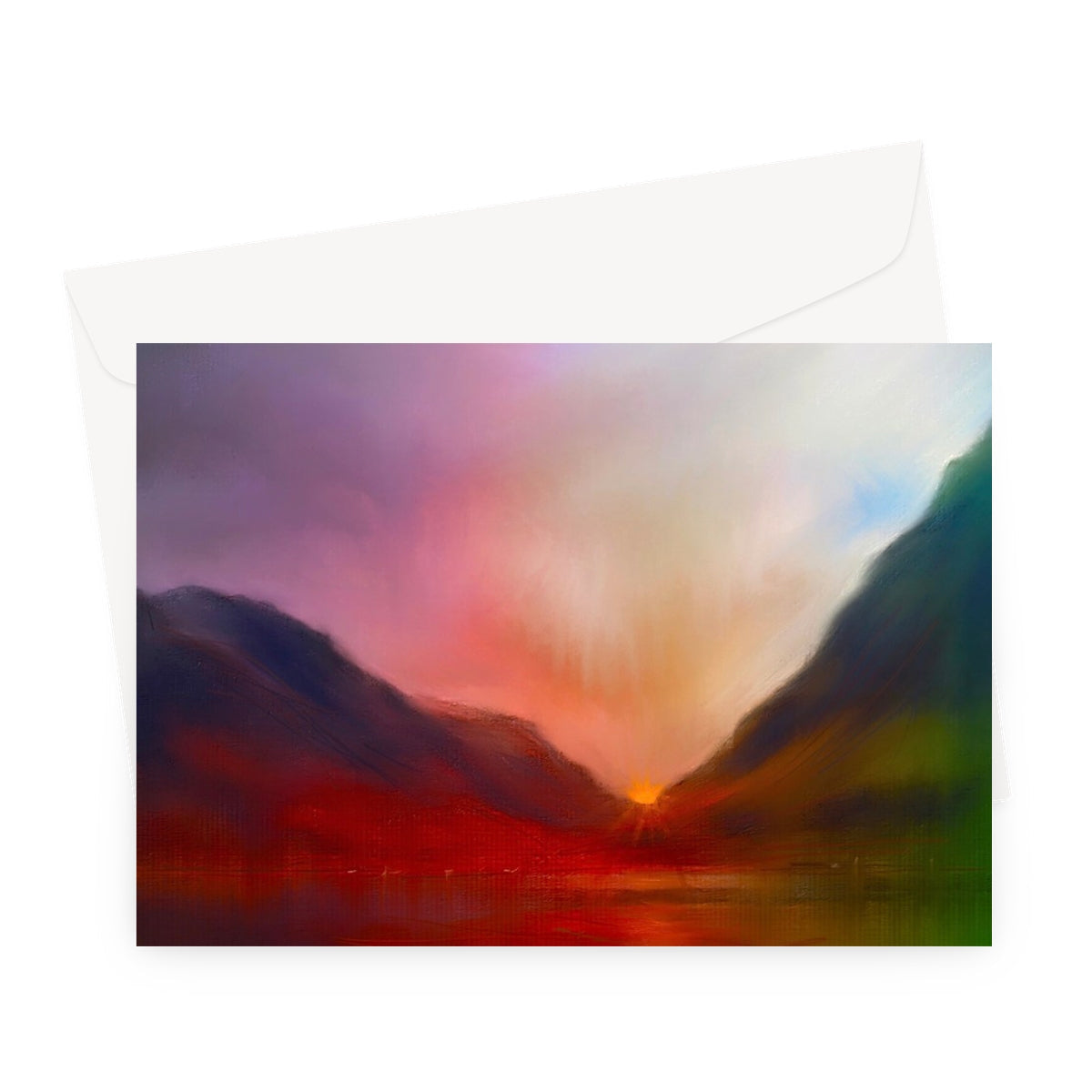Glencoe Sunset watercolor greeting card with vibrant glossy hues