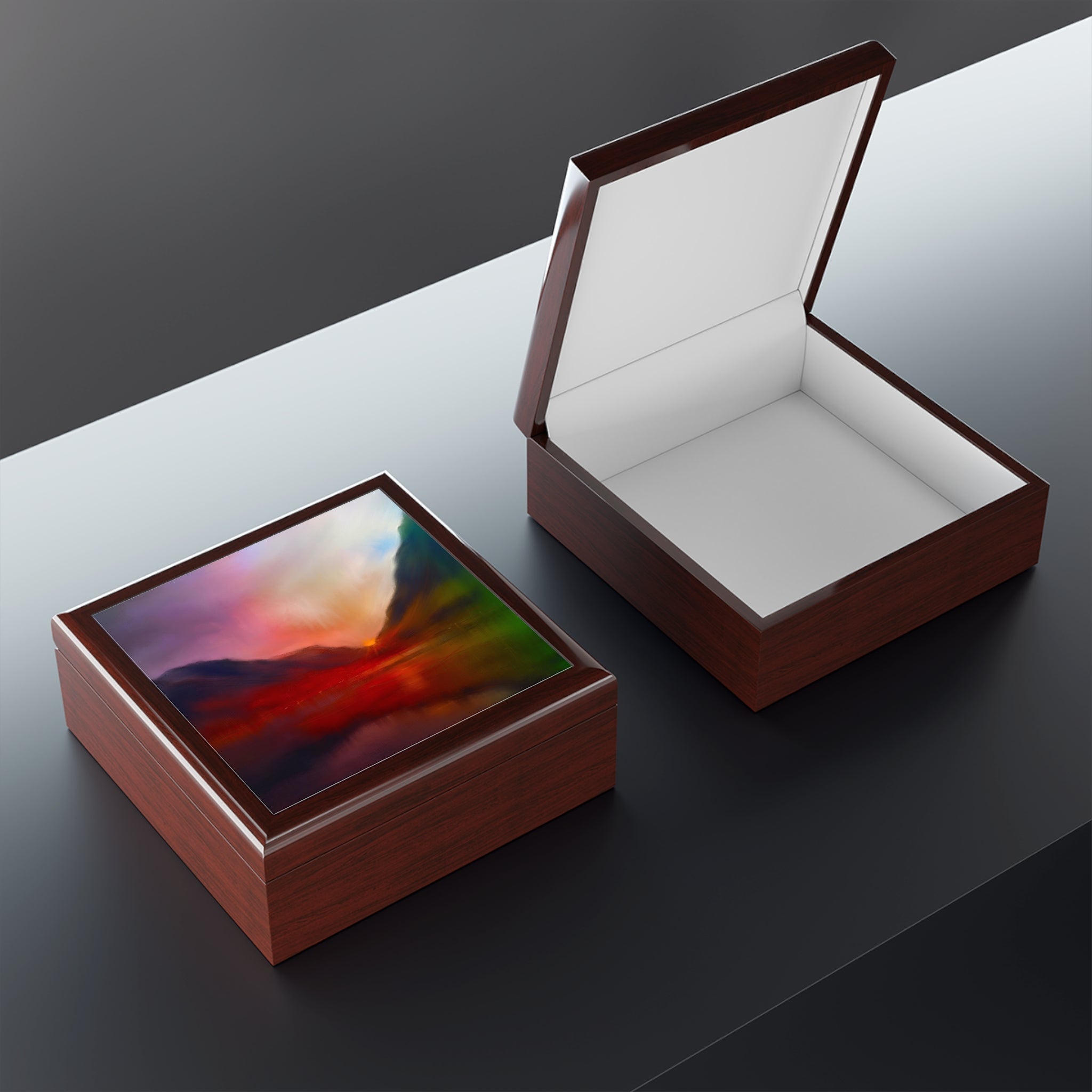 Brown wooden jewellery boxes with colorful abstract design on closed lid in Glencoe Sunset collection