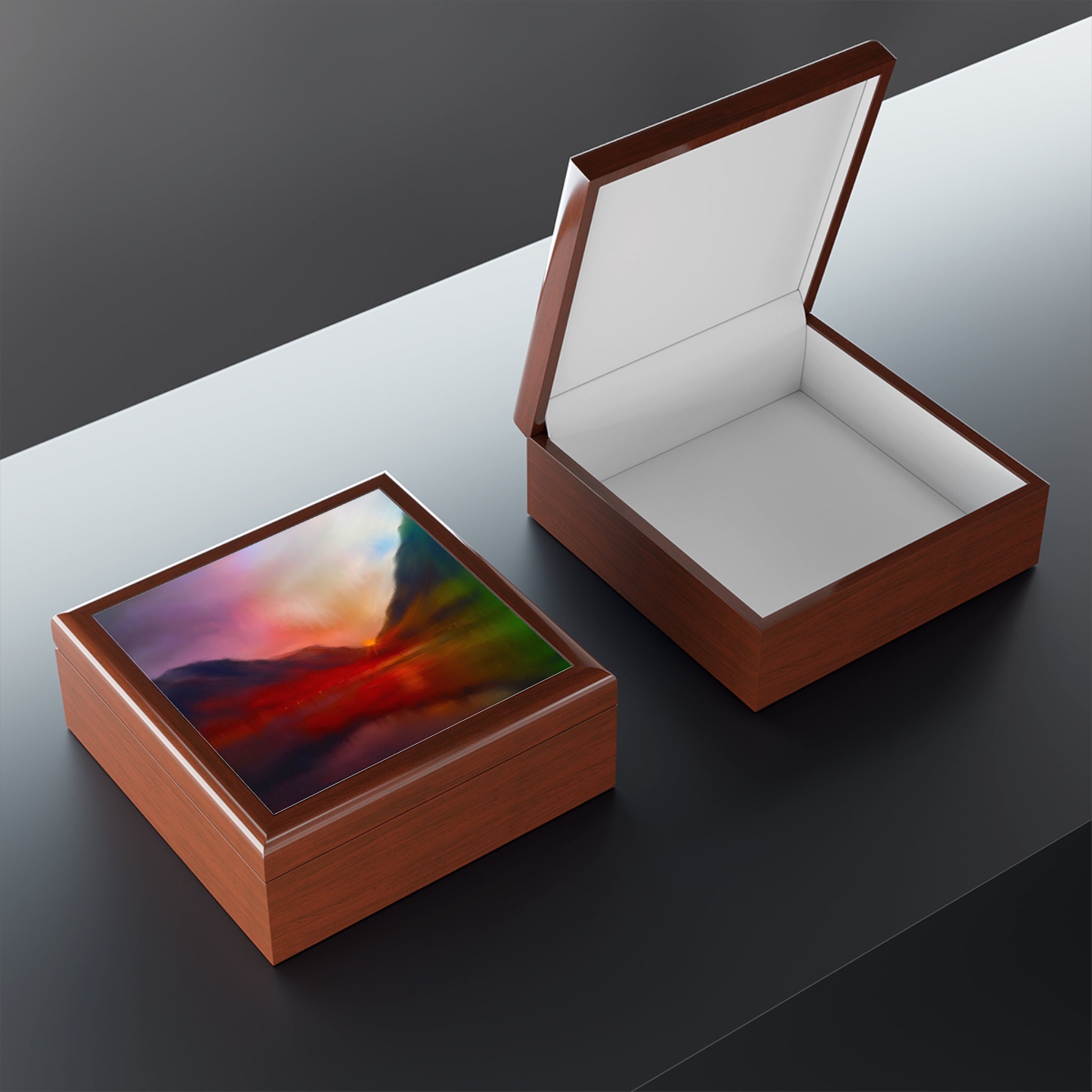 Brown wooden Glencoe Sunset jewellery box with colorful lid and white interior lining