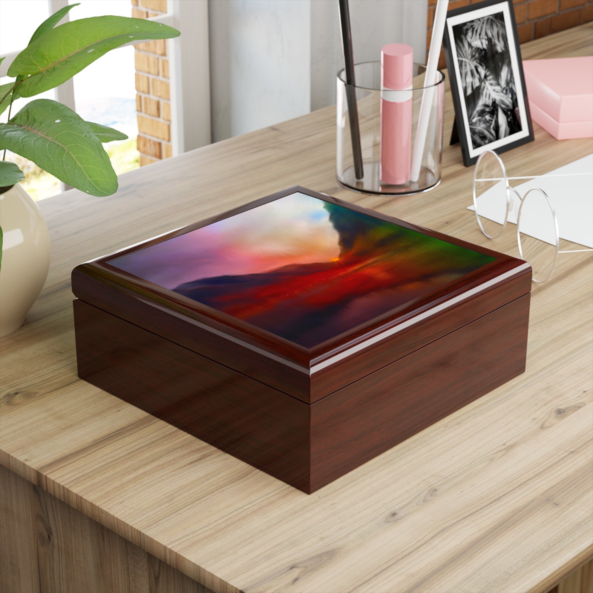 Glossy dark brown wooden Glencoe Sunset jewellery box with vibrant abstract lid design