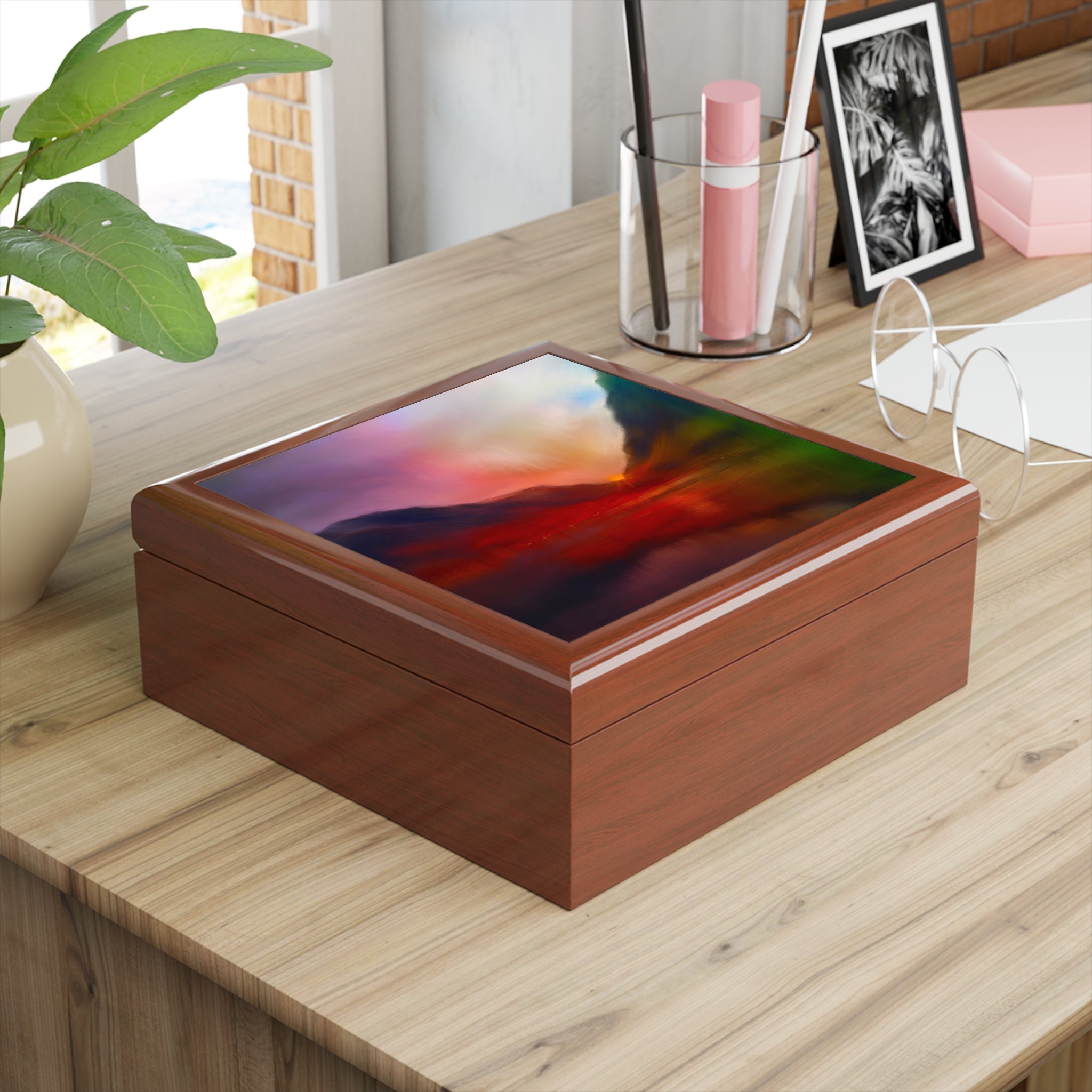 Brown wooden Glencoe Sunset jewellery box with vibrant colorful abstract lid design