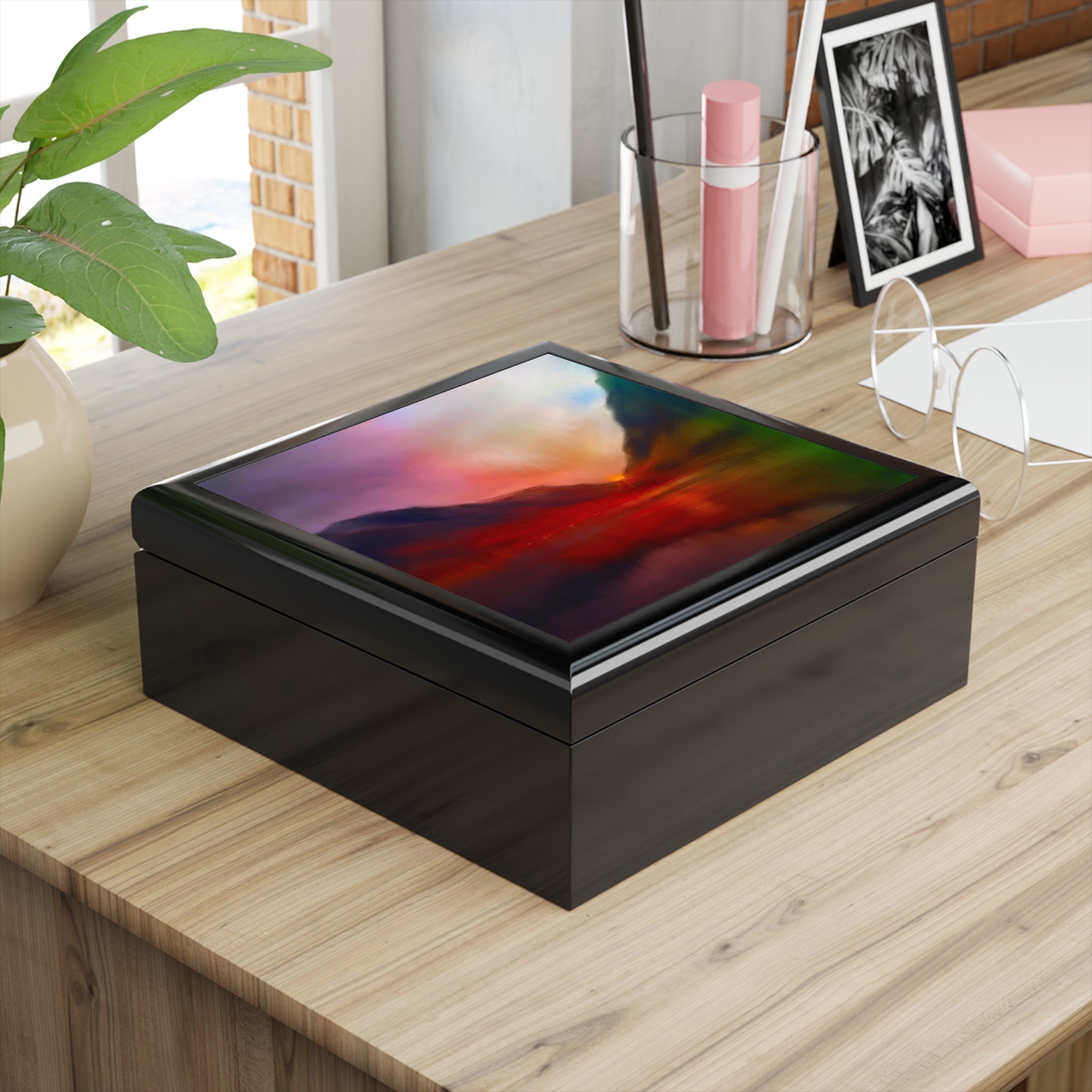 Black wooden jewellery box with vibrant abstract design on glossy lid, Glencoe Sunset Scotland