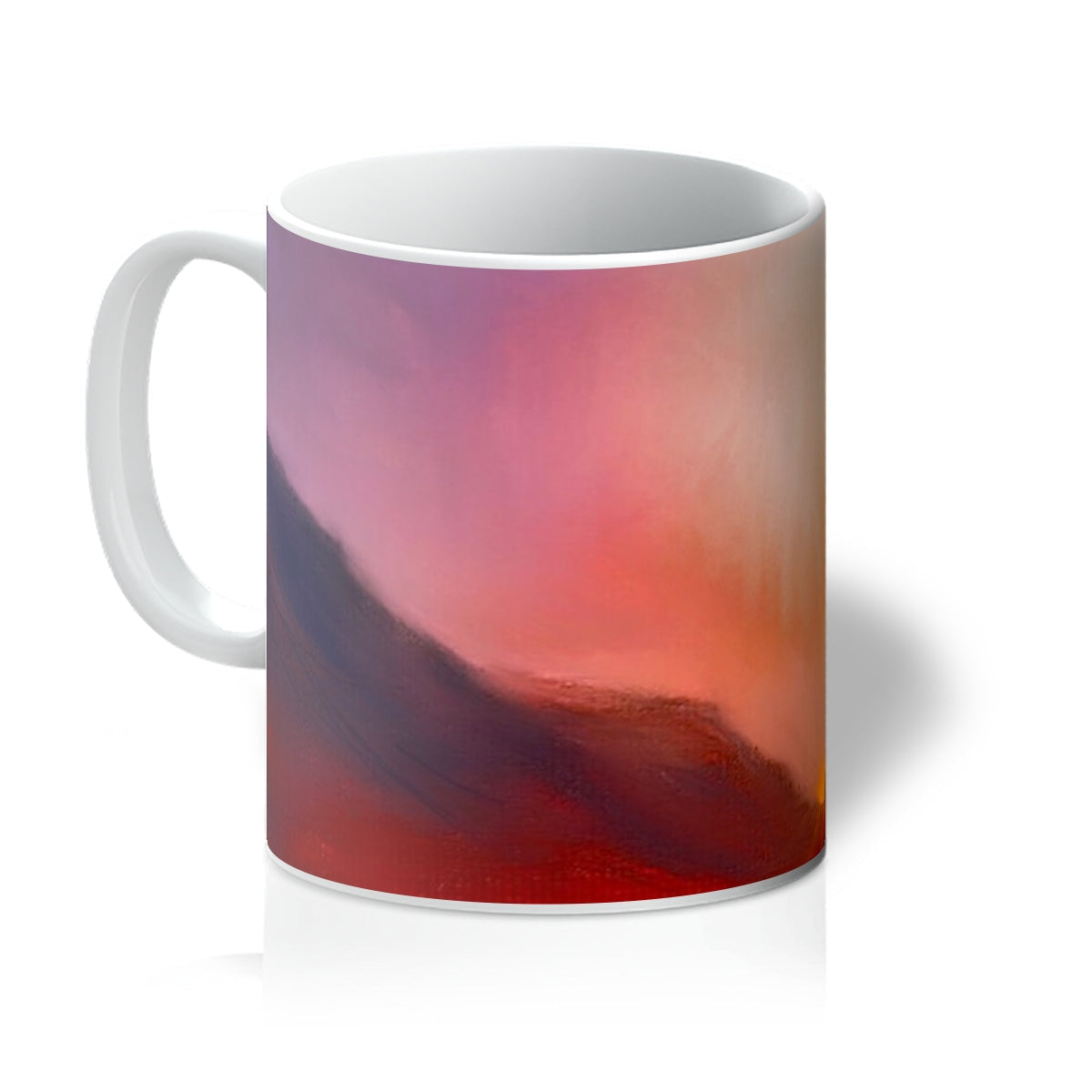 Glencoe Sunset Mug: Ceramic with abstract red-purple design, white handle and rim