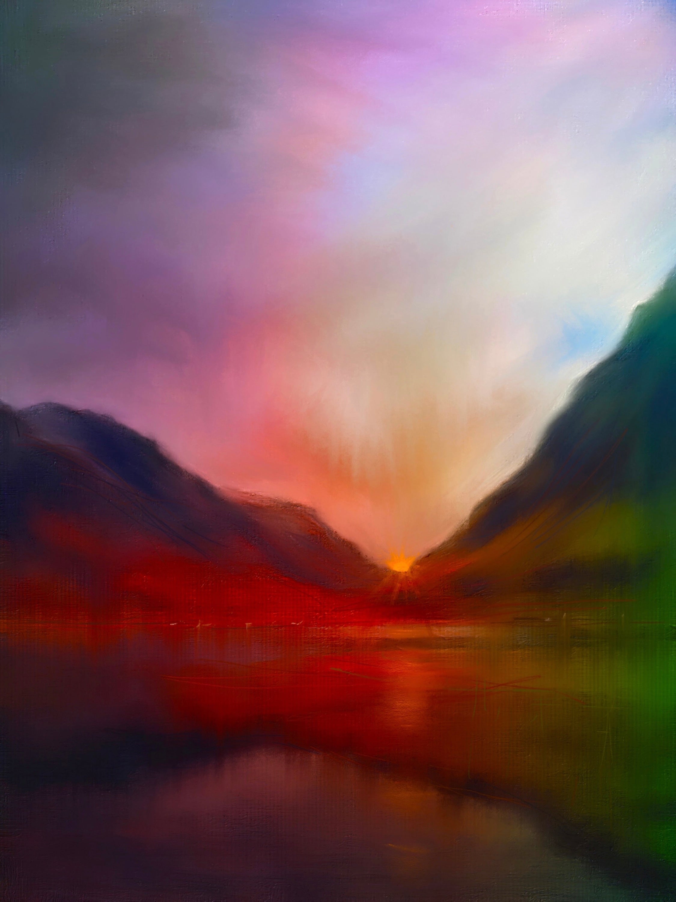 Colorful mountain lake sunset in Glencoe Sunset Original Painting