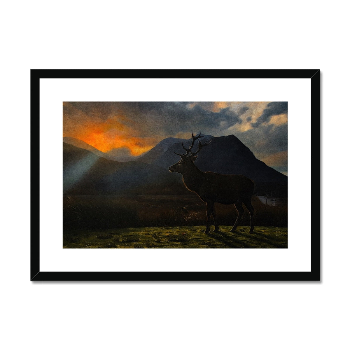 Black stag silhouette in Glencoe sunset framed wall art print