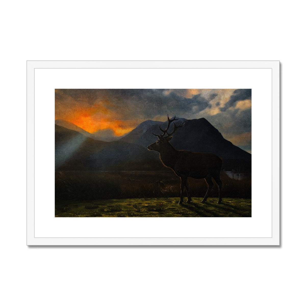 Stone elk statue with dark brown antlers in Glencoe Sunset Stag print
