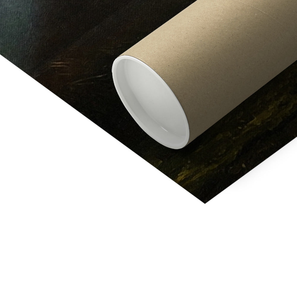 Beige cylindrical tube with white cap and black base for Glencoe Sunset Stag Hahnemuhle etching print
