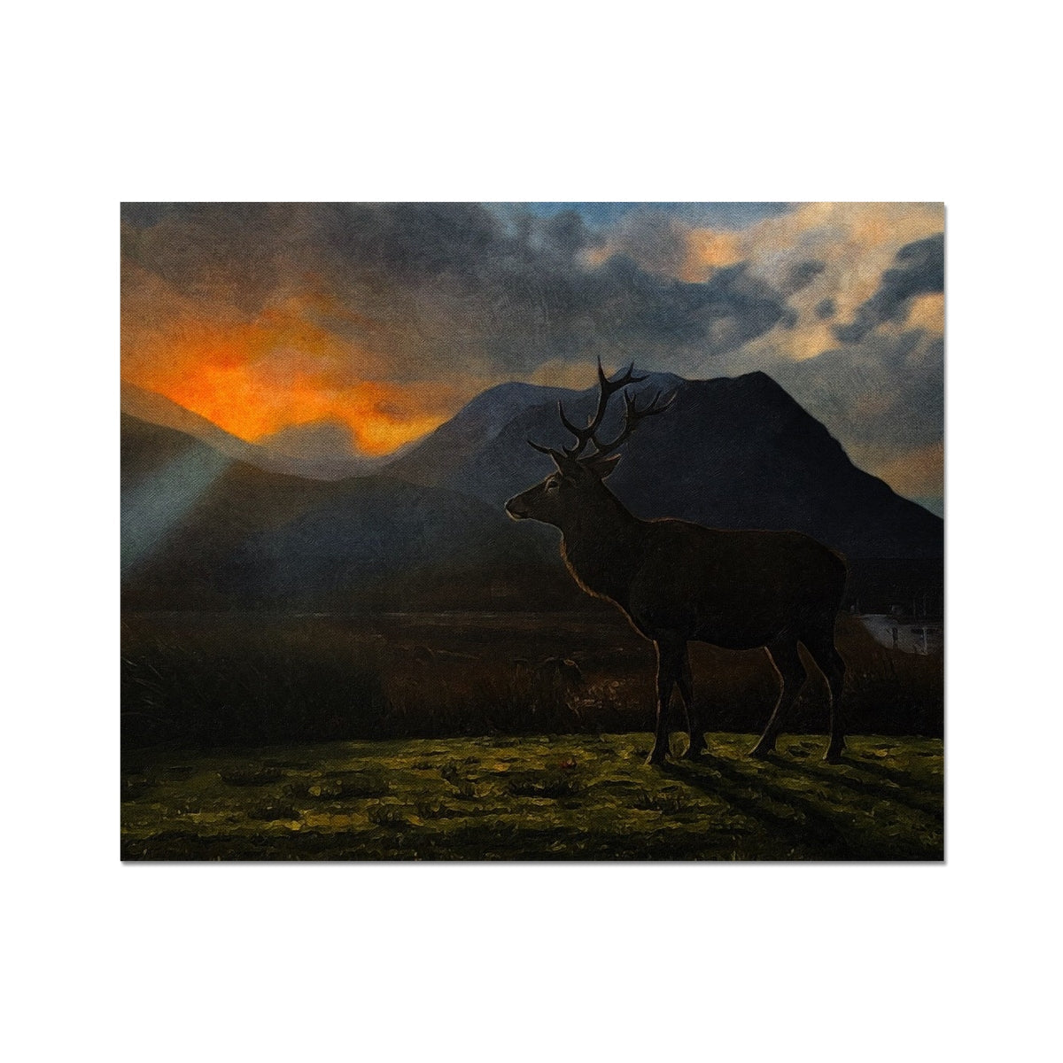 Black stag silhouette with antlers against sunset sky, Hahnemühle print