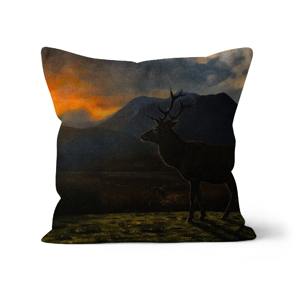 Square cushion with Glencoe Sunset Stag silhouette artwork