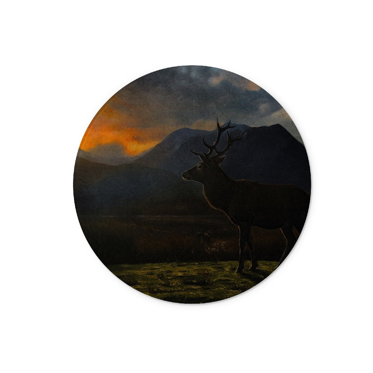 Circular wooden stag coaster with Glencoe sunset silhouette