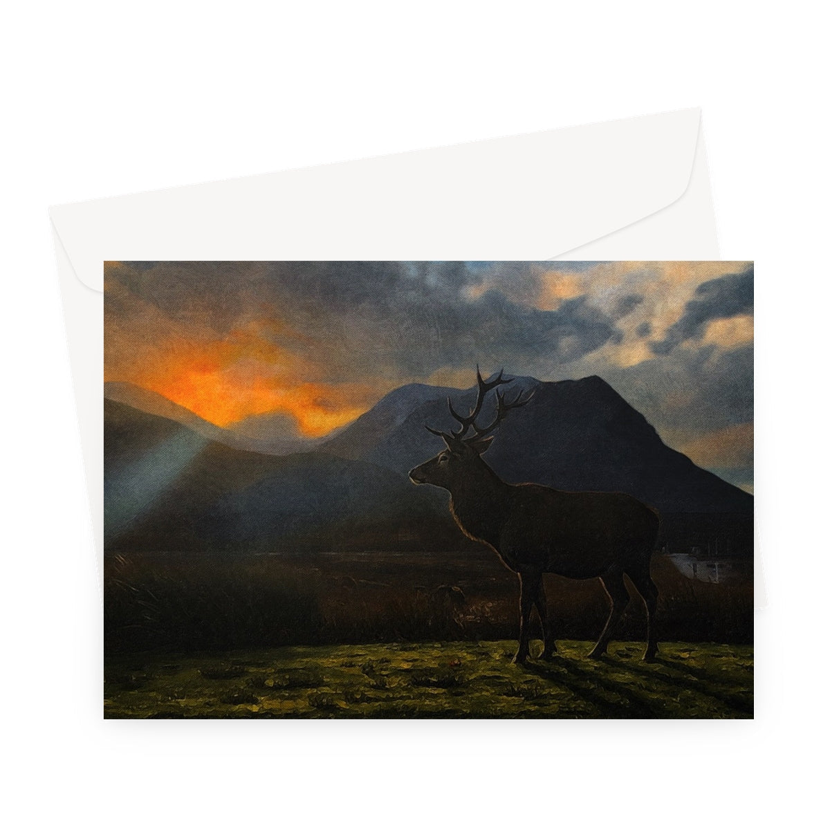 Dark stag silhouette with antlers against Glencoe sunset mountains on greeting card