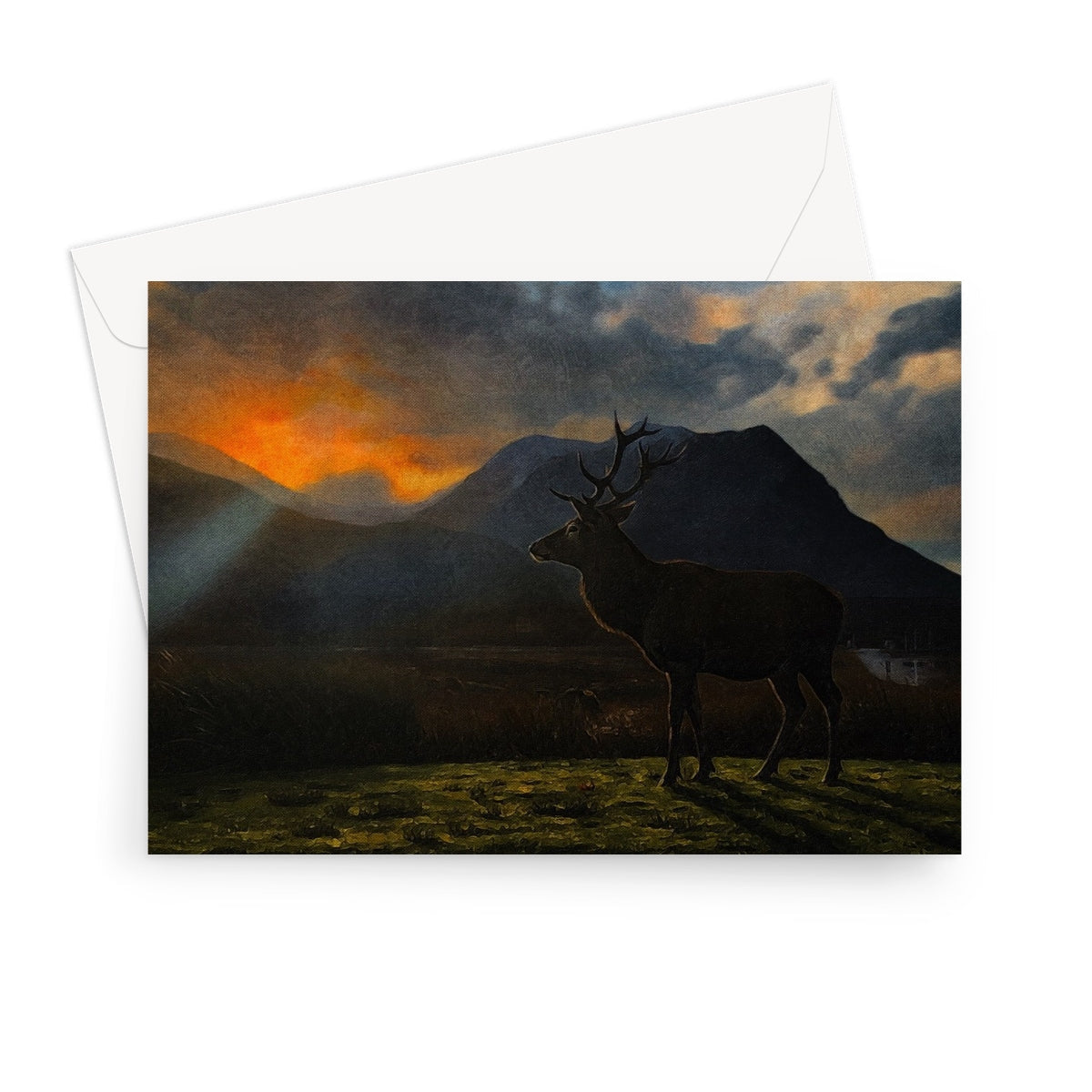 Glencoe Sunset Stag greeting card with dramatic silhouette painting