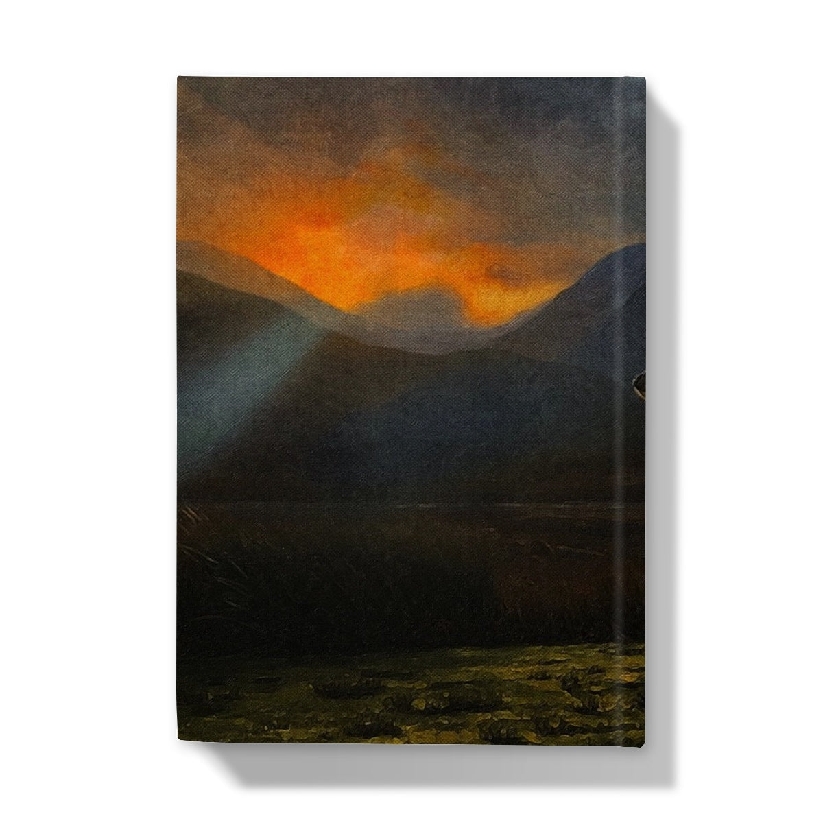 Glencoe Sunset Stag hardback journal with fiery orange and gray mountains under twilight sky