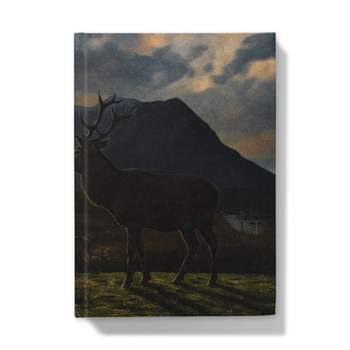 Hardcover journal with moody stag silhouette against Glencoe sunset mountains