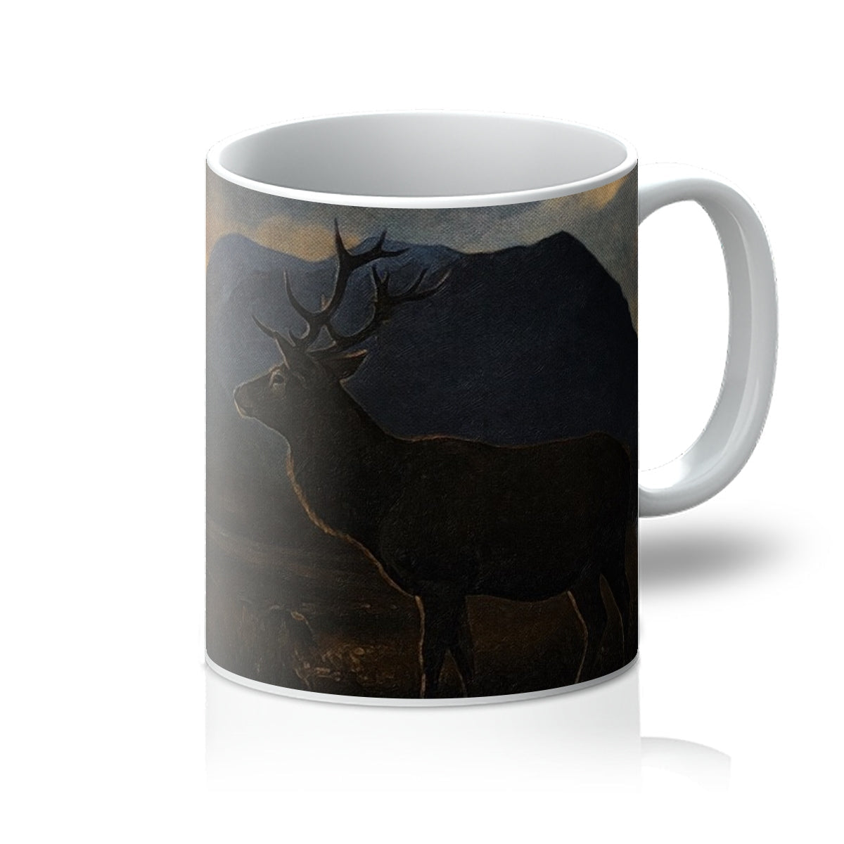 White ceramic Glencoe Sunset Stag Mug with moody stag illustration