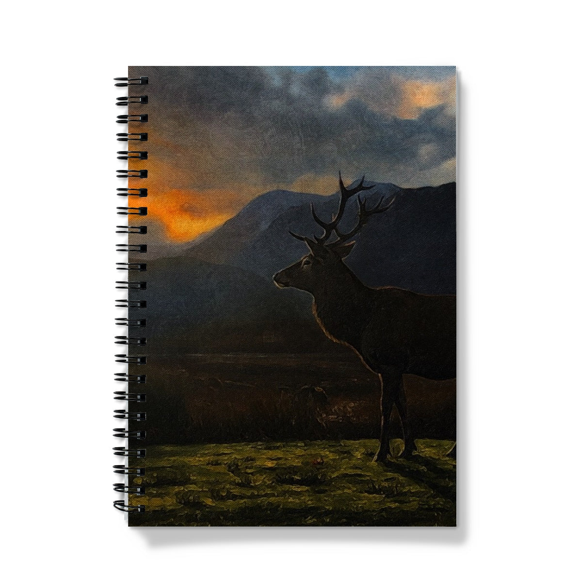 Black spiral-bound Glencoe Sunset Stag Notebook with silhouetted stag painting