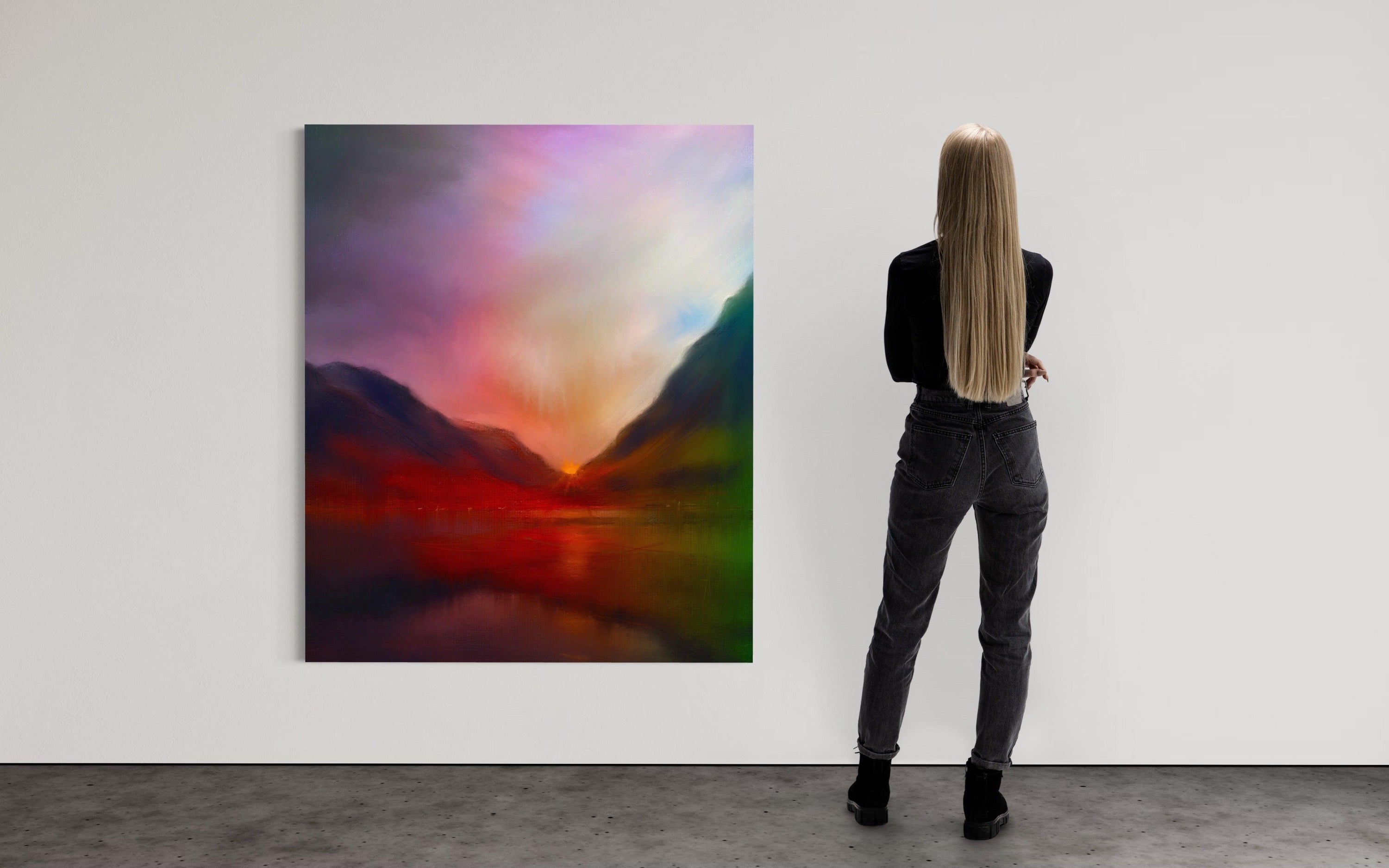 Vibrant abstract landscape painting featured in Glencoe Sunset Scottish wall art