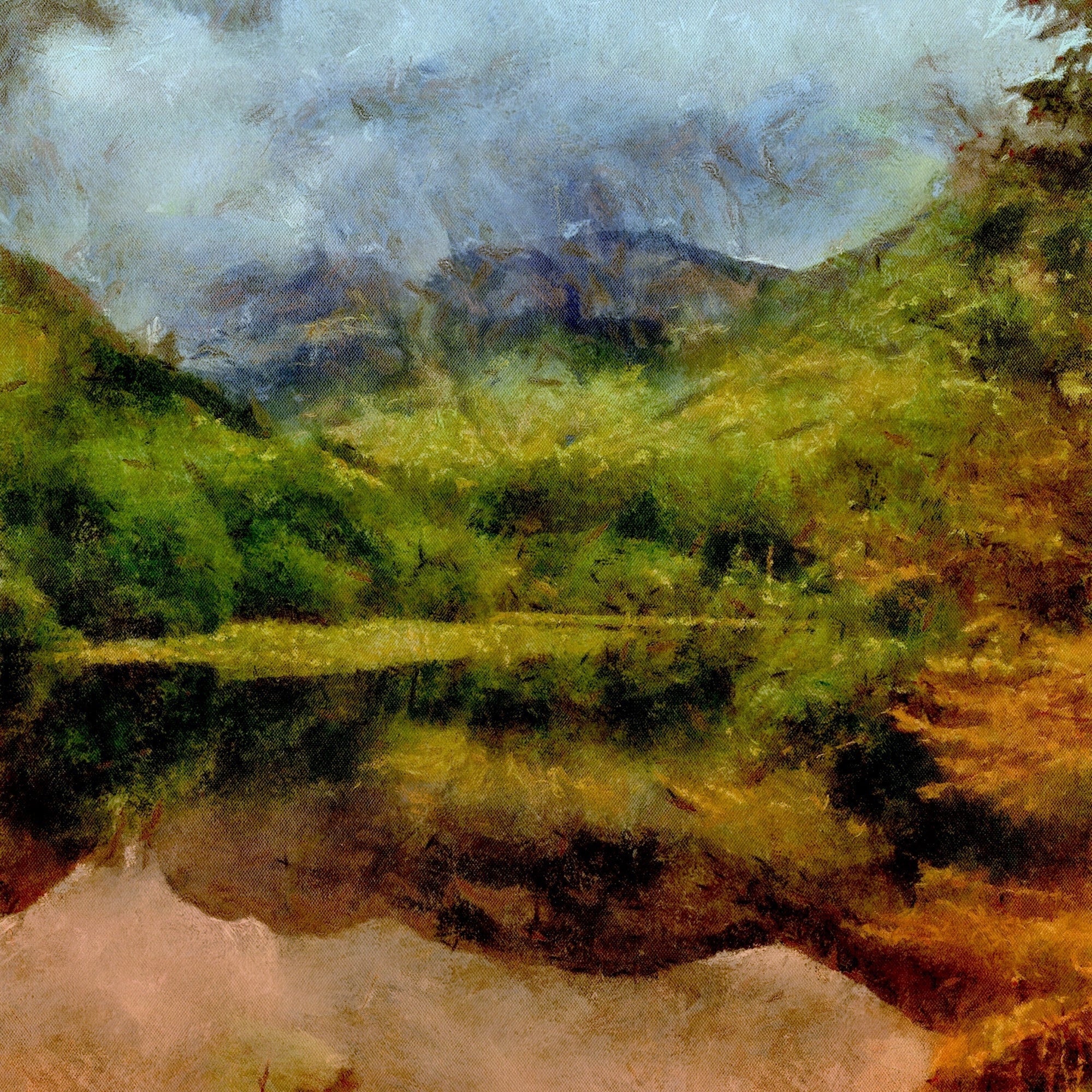 Impressionistic painting of Glencoe Torren Lochan with lush green and autumn trees