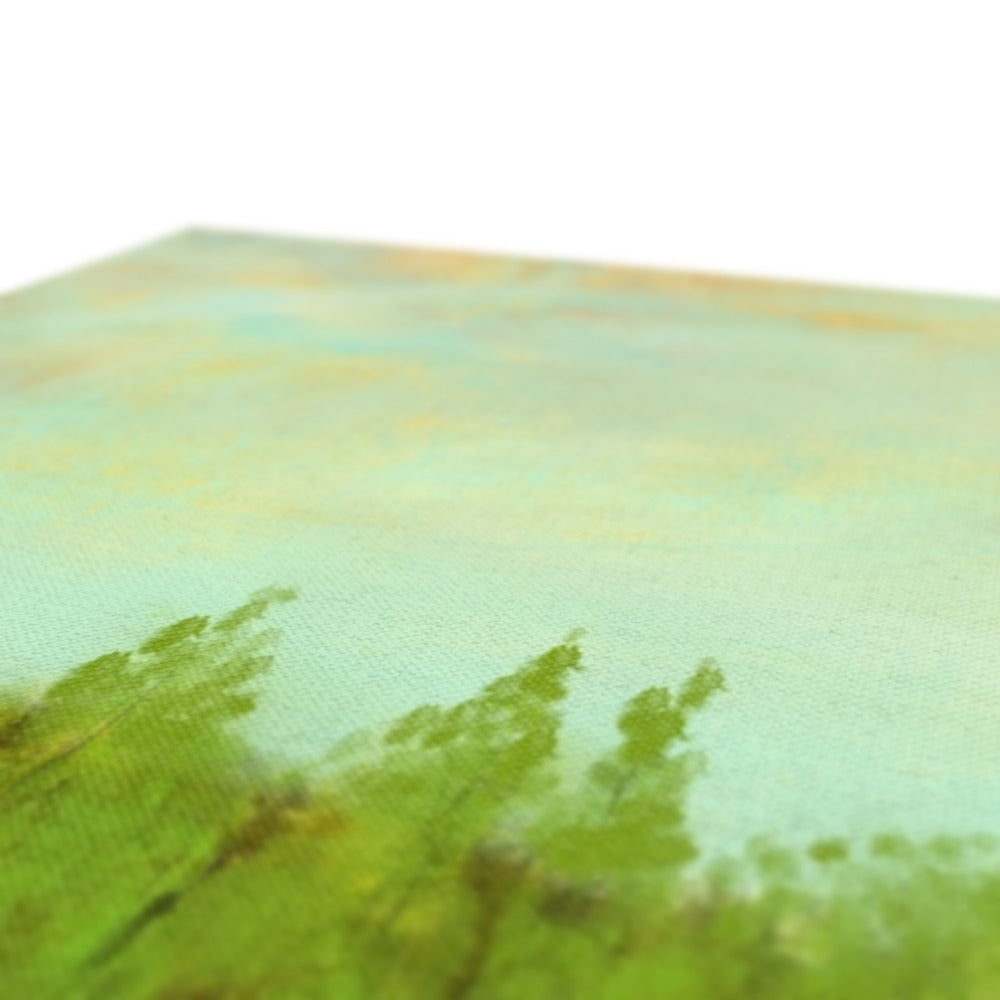 Painting of a landscape with green trees under a light blue and yellow sky.