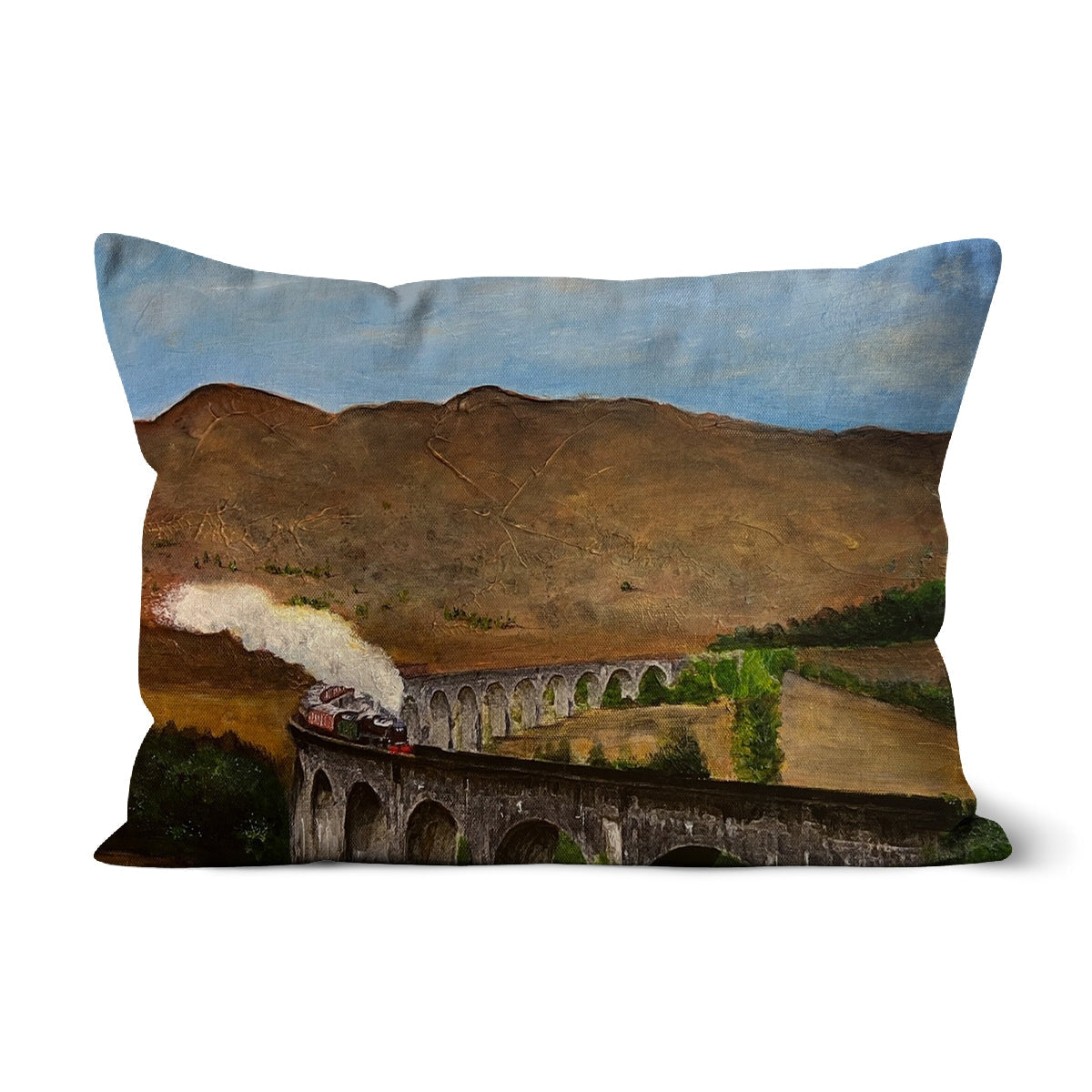 Glenfinnan Viaduct steam train cushion cover in green brown tones