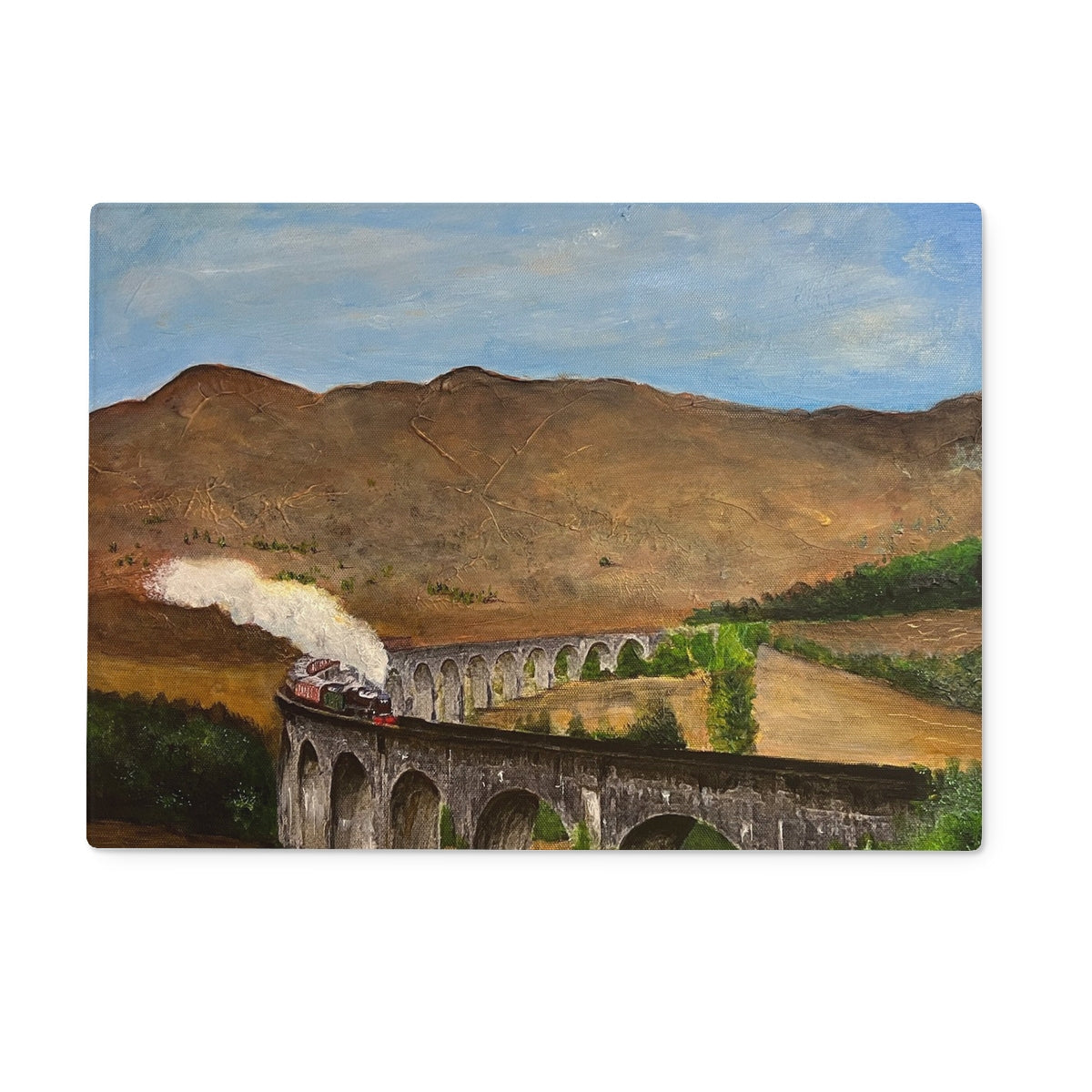 Glenfinnan Viaduct model train chopping board with red black details