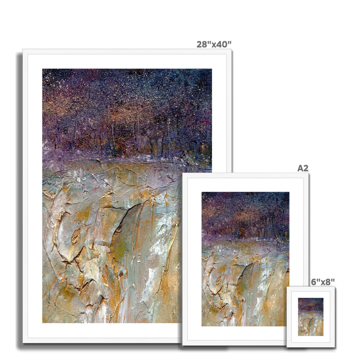 Framed abstract landscape print with purple-gold textured brushstrokes