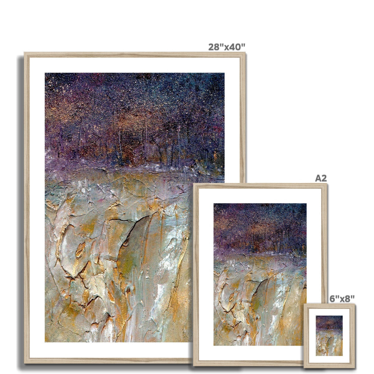 Framed abstract print of starry purple-gold sky over silver-gray terrain