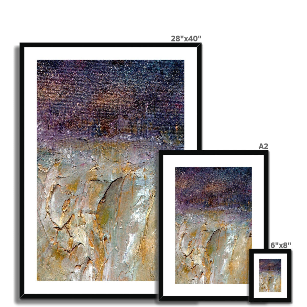 Framed abstract print: cosmic purples and golds over silver beige textures