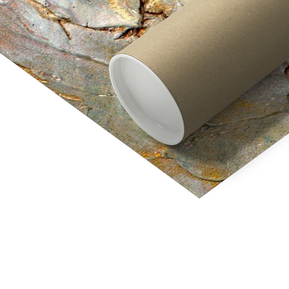 Beige cardboard tube with white interior on stone surface, Golden Forest Hahnemühle German Etching Print