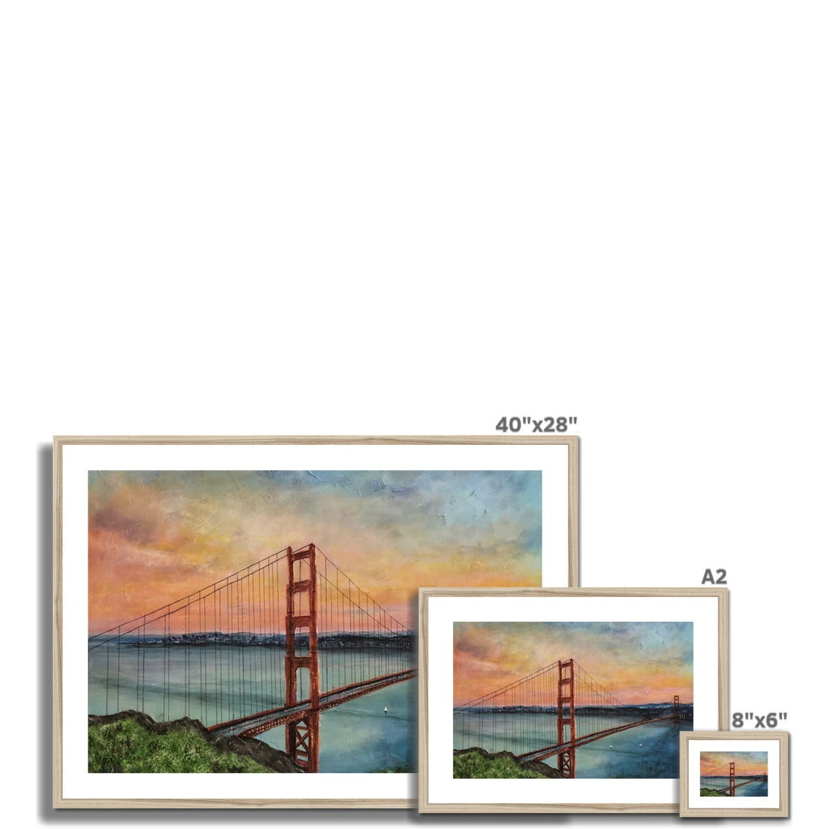 Golden Gate Bridge framed print in vibrant sunset hues