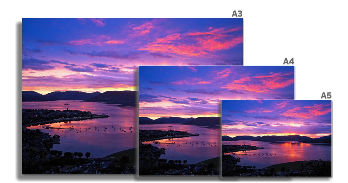 Vibrant purple pink sunset over water in Gourock Argyll Lyle Hill prints on A3 A4 A5 paper