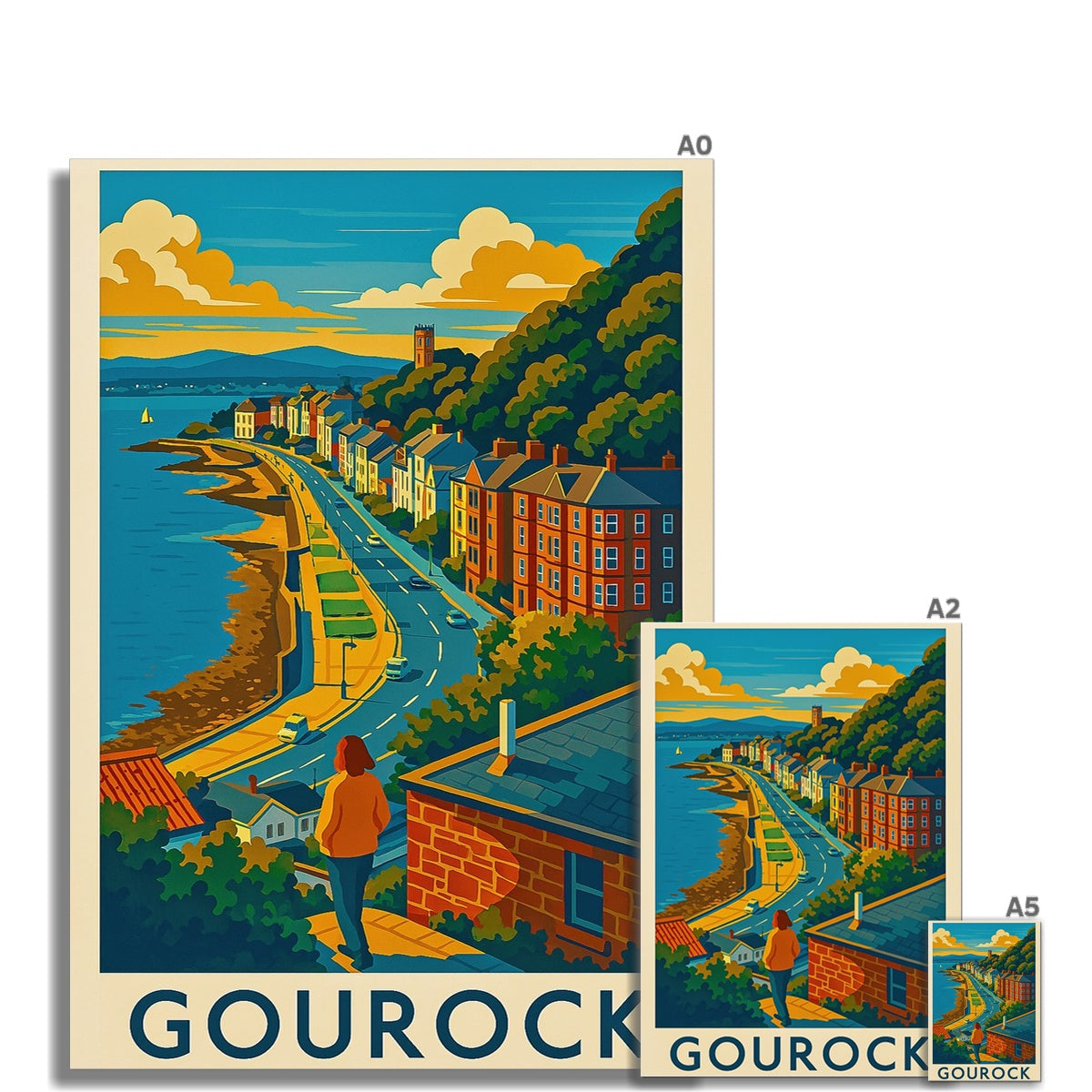 Vintage Gourock travel poster print of woman overlooking coastal town