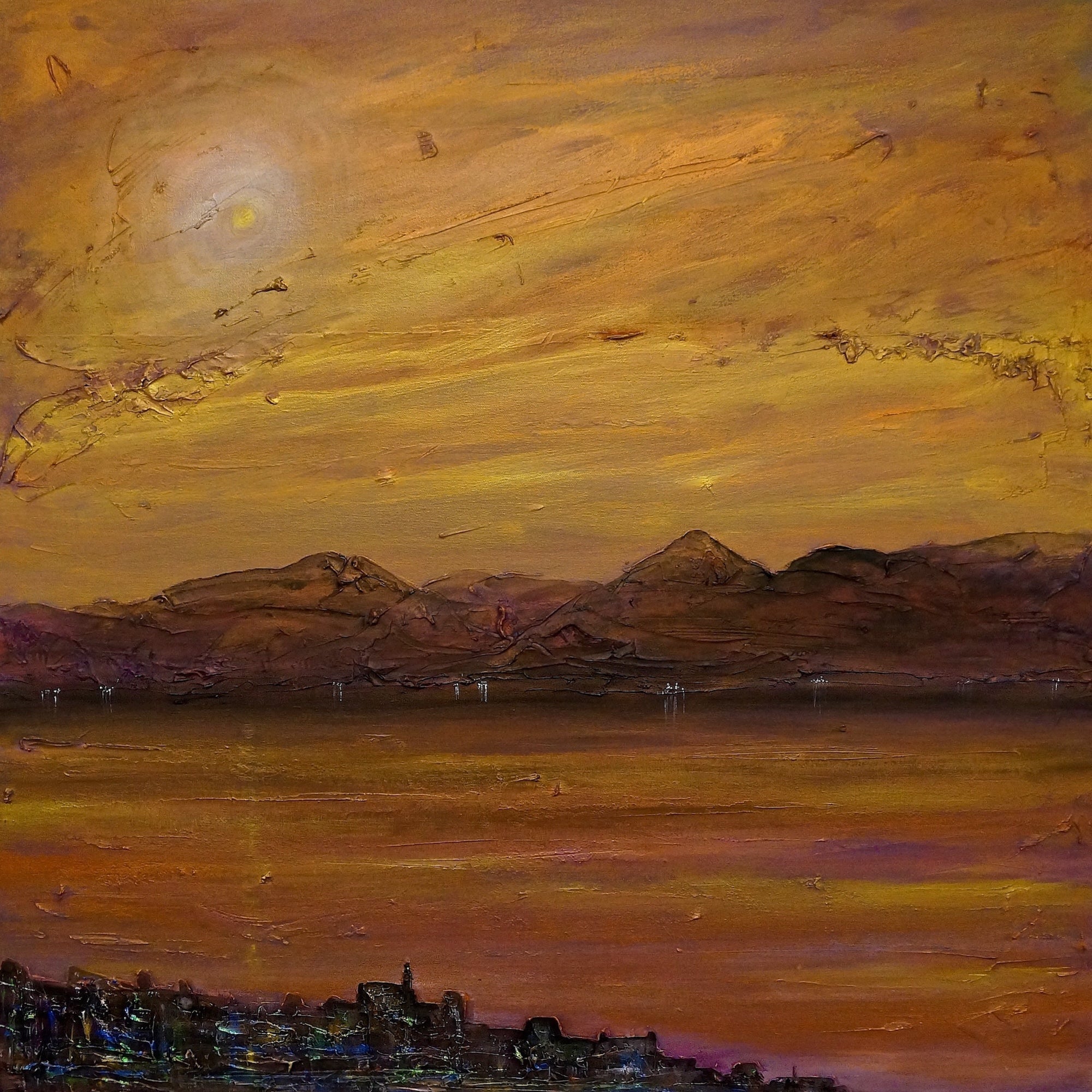 Gourock Autumn Dusk Original Painting of a sunset over a mountain lake with a distant city