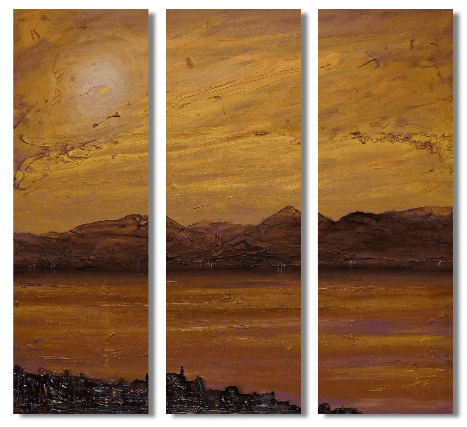 Triptych landscape painting titled Gourock Autumn Dusk for statement Scottish wall art