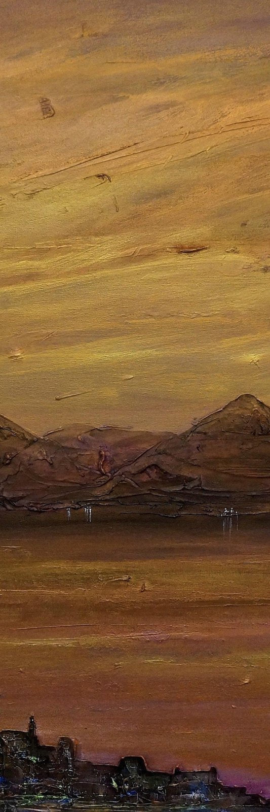 Oil painting of a desert landscape with mountains under a golden sky for Gourock Autumn Dusk Triptych