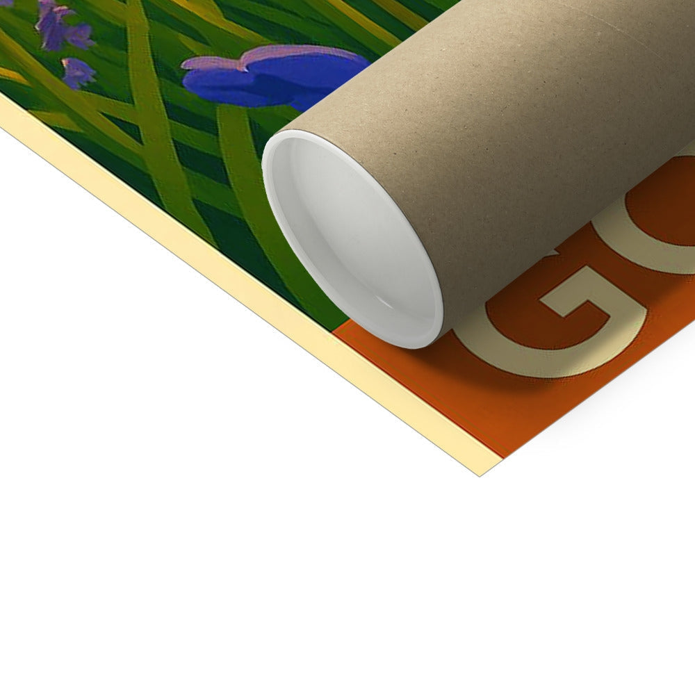 Gourock Bluebells Fine Art Print of brown cardboard tube with green grass and purple flowers wrapping paper