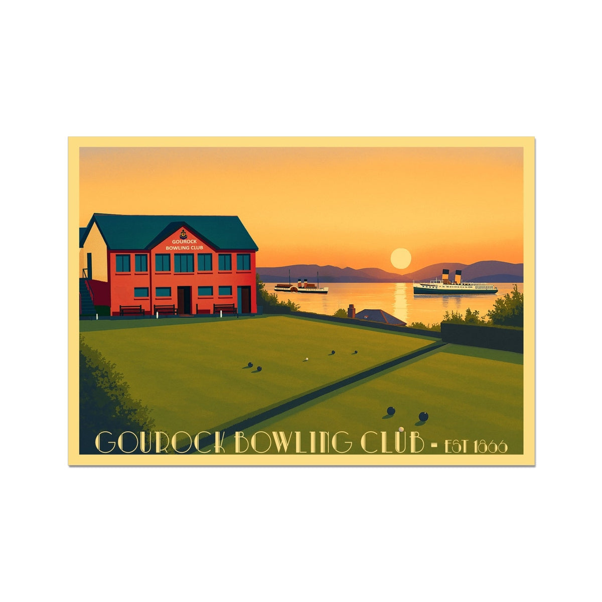 Vintage Gourock Bowling Club poster at sunset with balls and ships