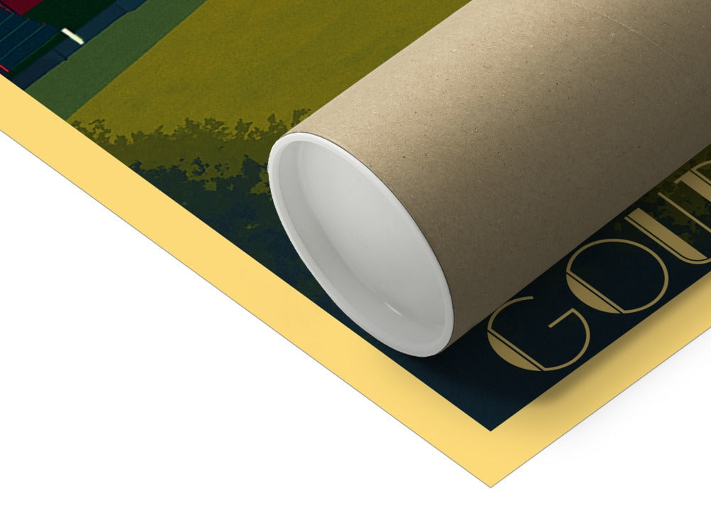 Gourock Bowling Club fine art print of rolled-up poster with yellow border, gold lettering, and green blue artwork