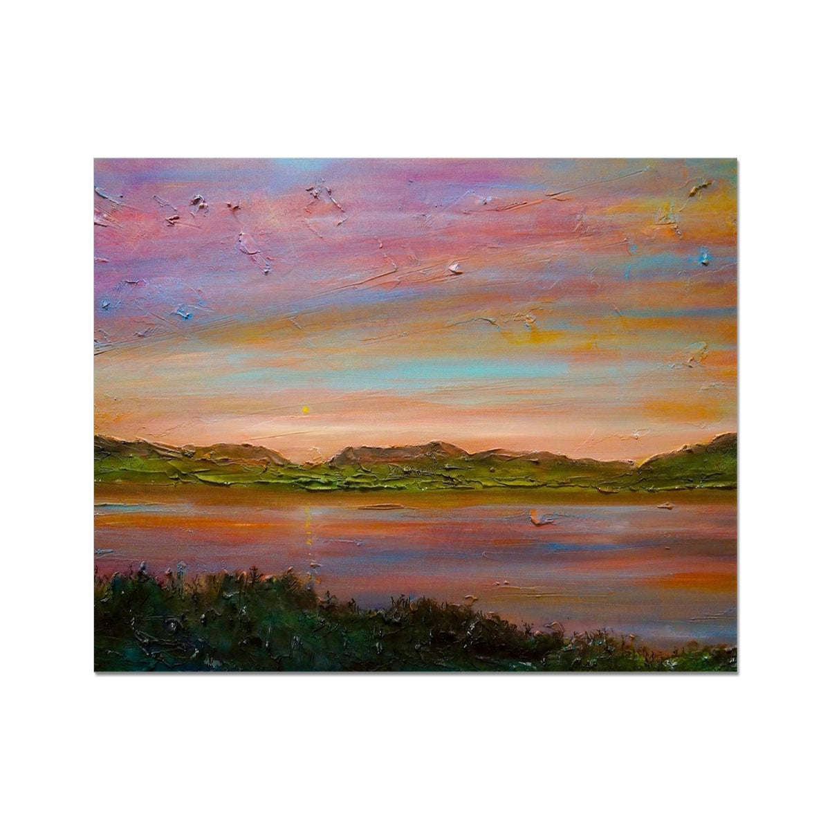 Impressionistic oil painting of a sunset over a lake with textured brushstrokes and vibrant colors at Gourock Golf Club Sunset Artist Proof Collector Print