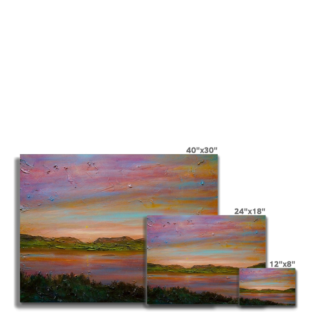 Three landscape sunset canvas paintings of water and hills for Gourock Golf Club decor