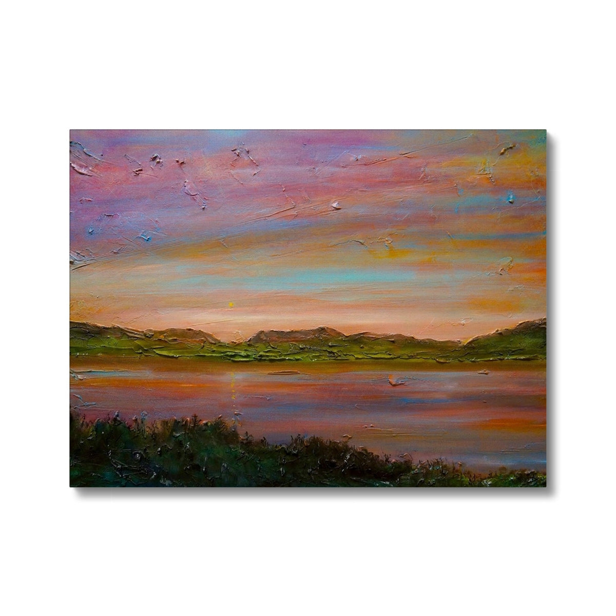 Textured oil painting of a vibrant sunset over a lake with rolling hills at Gourock Golf Club