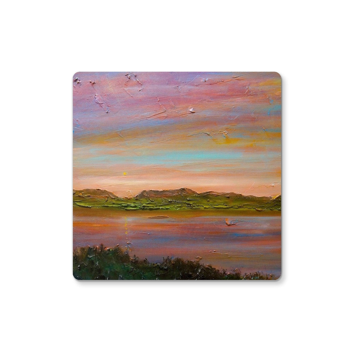 Impressionistic landscape painting of a serene lake with mountains at sunset for Gourock Golf Club Coaster