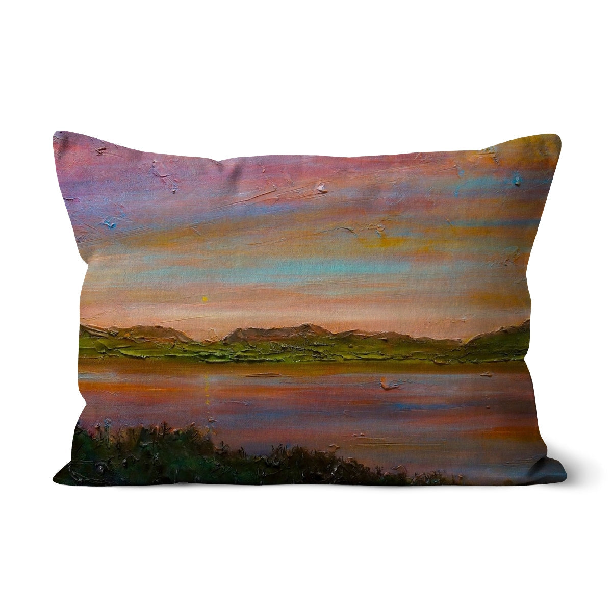 Rectangular Gourock Golf Club Sunset Cushion with impressionistic landscape painting