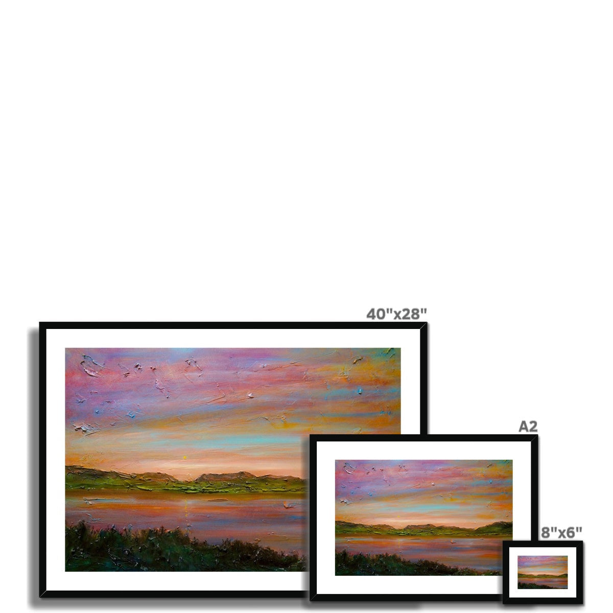 Three framed landscape paintings of varying sizes displayed with Gourock Golf Club Sunset print