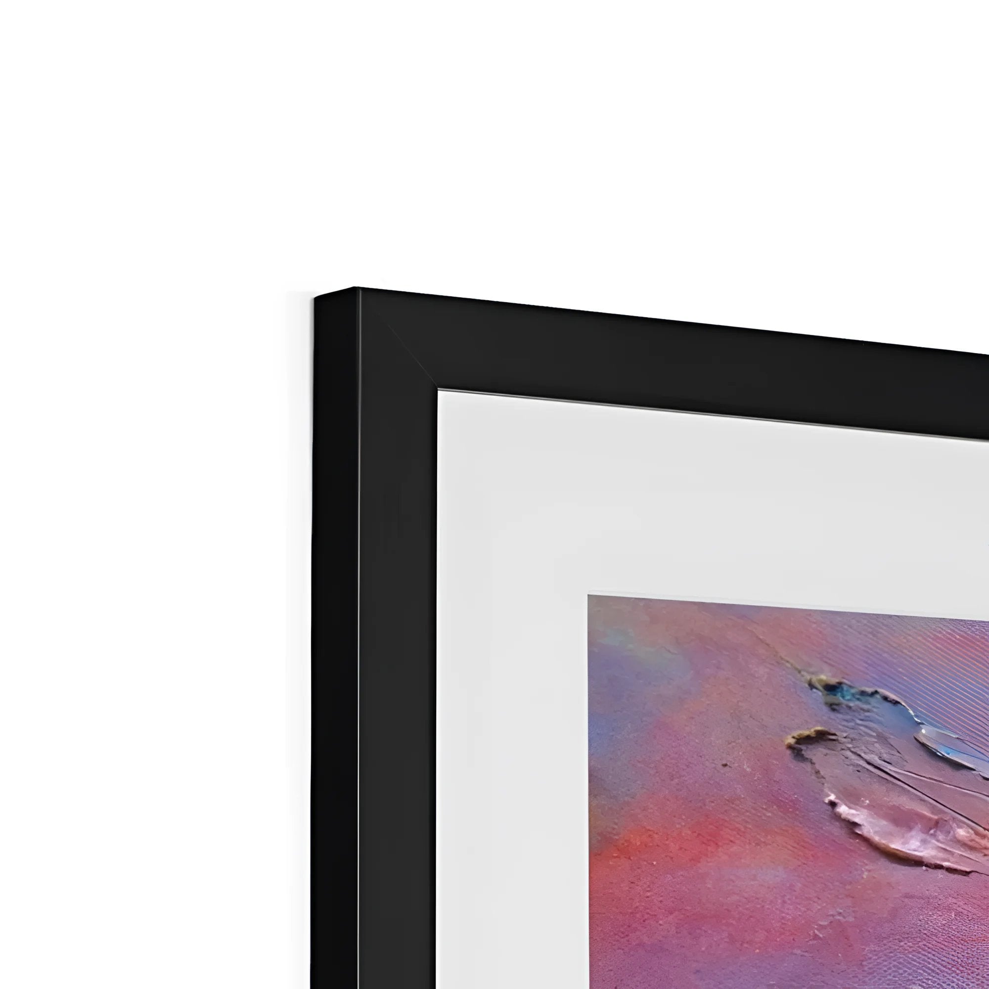 Black framed picture with white mat showcasing abstract painting for Gourock Golf Club Sunset print