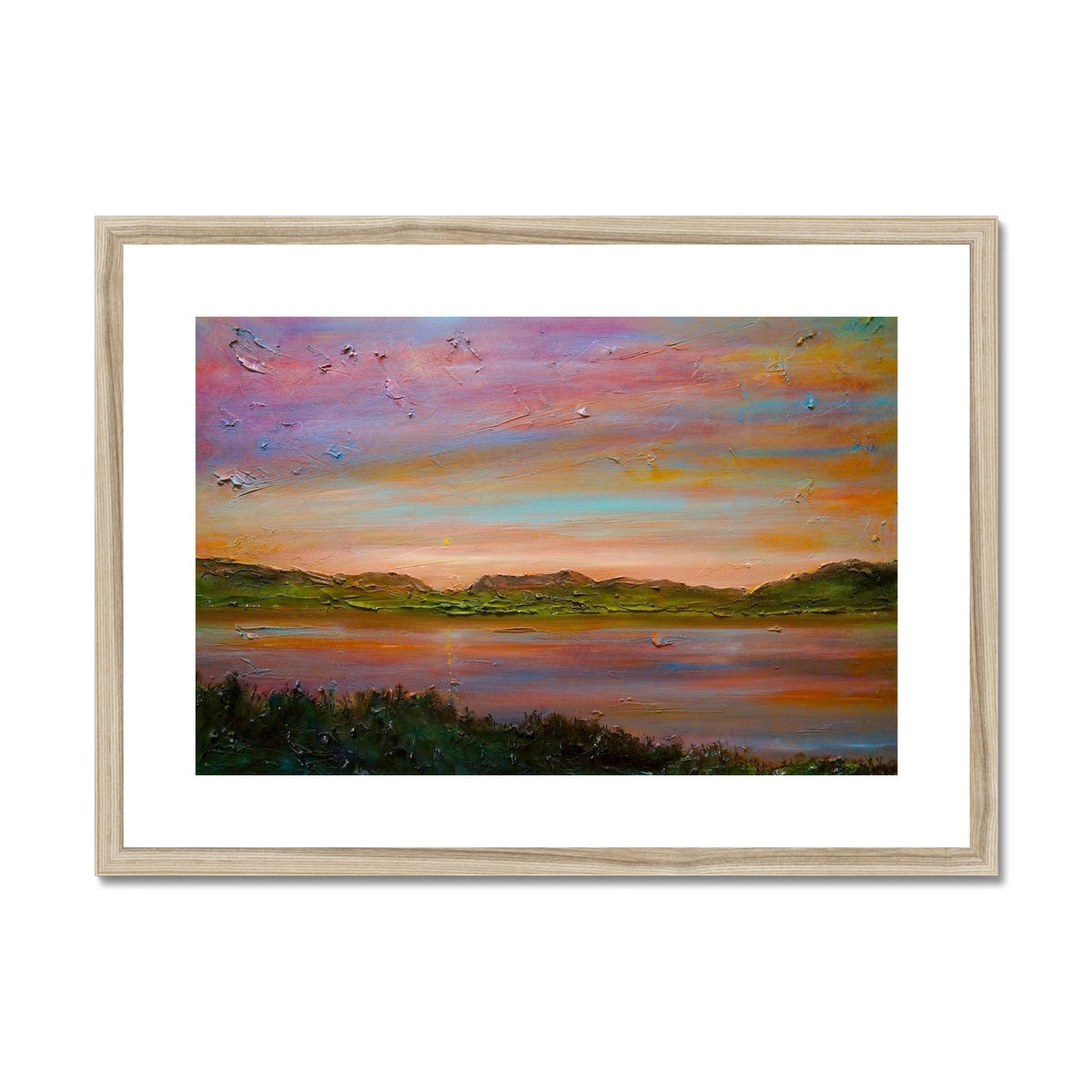 Framed oil painting of a sunset over a lake with mountains, Gourock Golf Club print