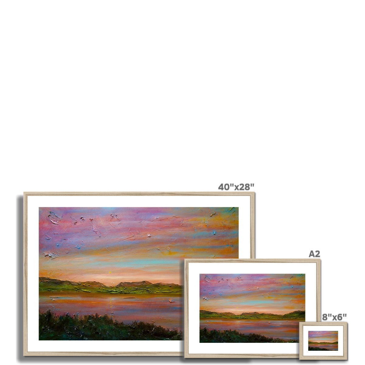 Three framed landscape paintings of varying sizes displayed with Gourock Golf Club Sunset print