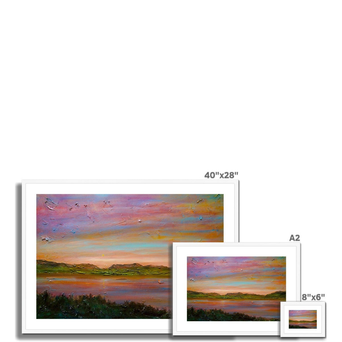 Three framed landscape paintings of varying sizes showcasing Gourock Golf Club Sunset print